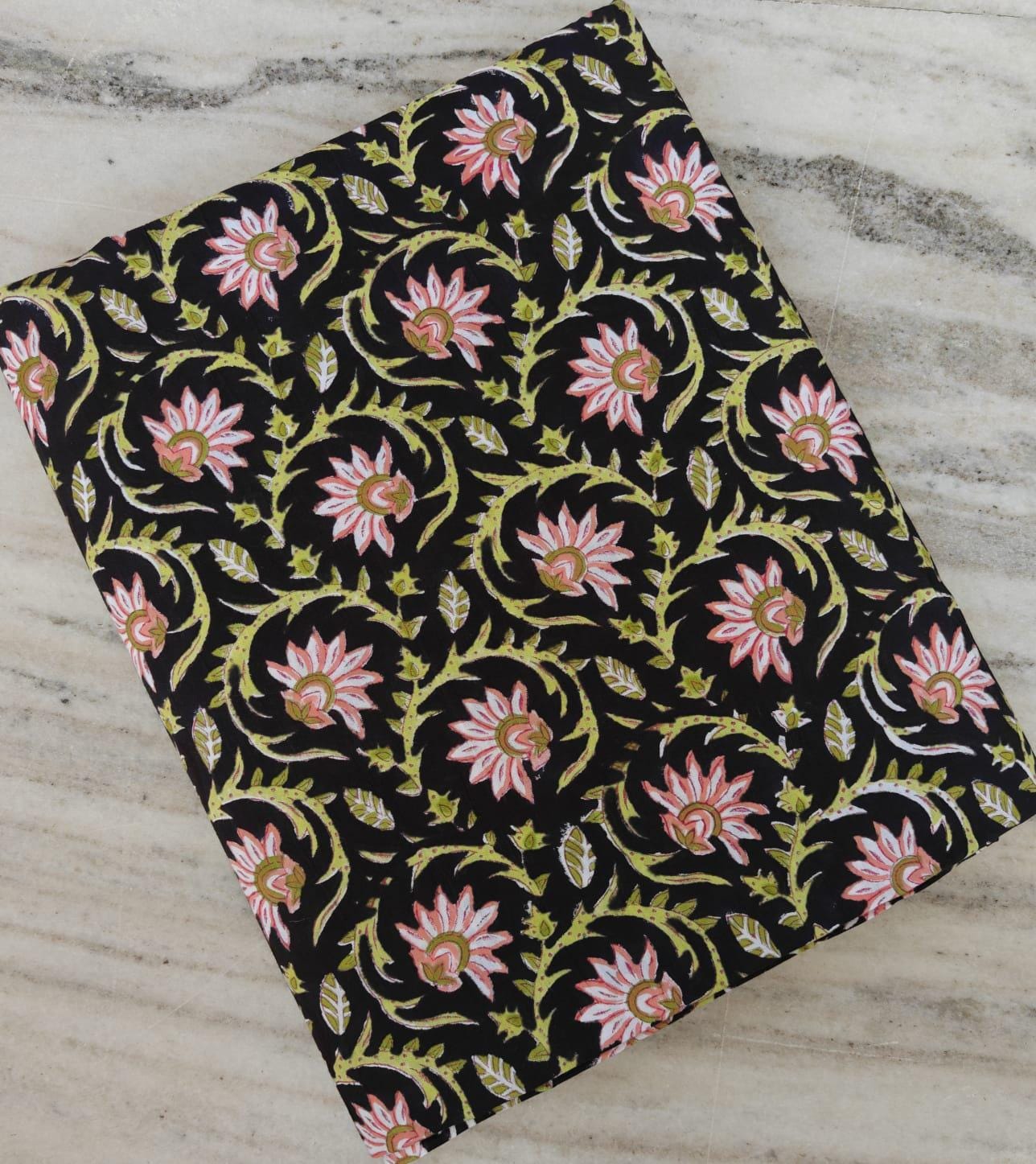 Black Floral Cotton Fabric by the Yard, Pink Lotus Vine Print, Indian Block Print Fabric, Botanical Quilting Fabric, Dressmaking, Napkins
