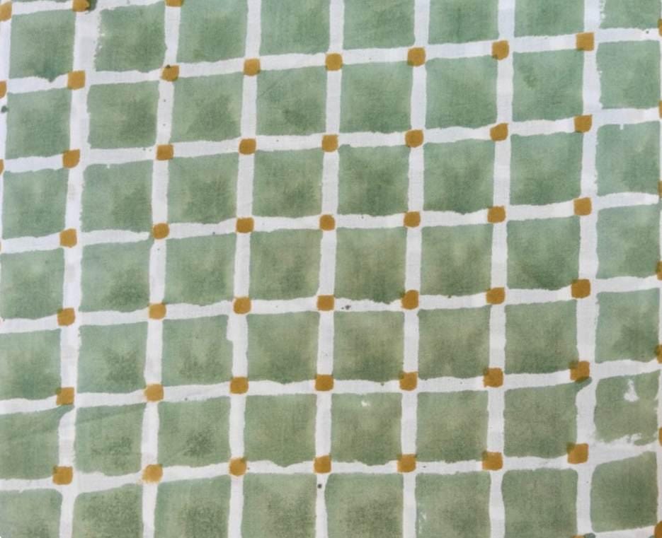 Sage Green Cotton Fabric with White Grid and Mustard Dots, Hand Block Print Cotton Material, Quilting Dressmaking Home Decor Fabric