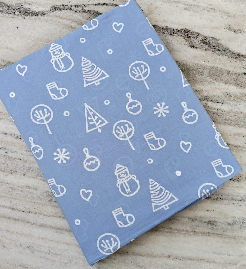 Blue Christmas Cotton Fabric, Holiday Print with Snowman, Tree & Ornaments, Winter Quilting, Sewing, Dressmaking Craft Material by the Yard