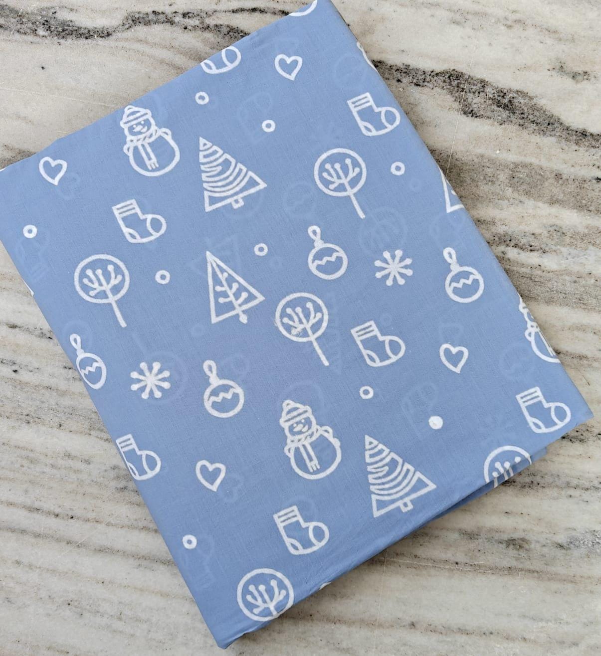 Blue Christmas Cotton Fabric, Holiday Print with Snowman, Tree & Ornaments, Winter Quilting, Sewing, Dressmaking Craft Material by the Yard