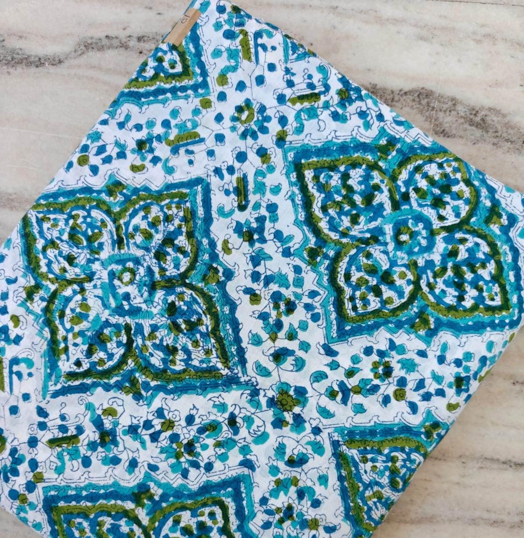 Designer Floral Cotton Fabric by the Yard, Blue Green Block Print Cotton Fabric, Indian Handmade Cotton Textile, Boho Floral Sewing Quilting