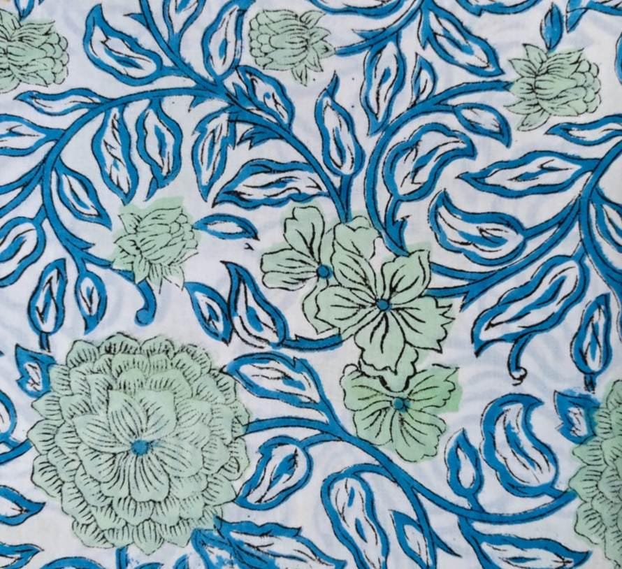 White Cotton Fabric with Blue & Green Floral Print, Hand Block Print Fabric by the Yard, Indian Cotton For Dressmaking, Loose Running Fabric