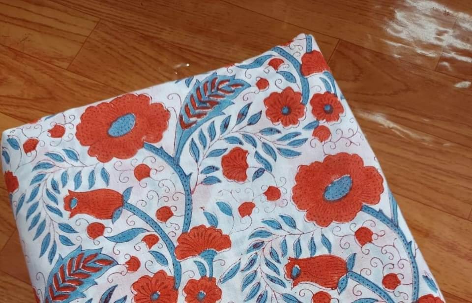 Red Blue Floral Cotton Fabric | Hand Block Print Fabric by Yard | Soft Cotton for Quilting, Dressmaking | Home Decor Fabric | Running Fabric