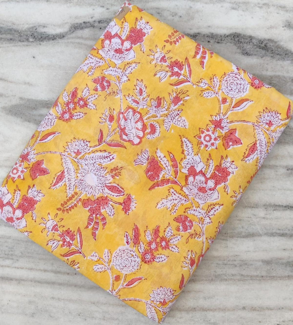 Yellow Floral Hand Block Print Cotton Fabric: Soft Indian Textile