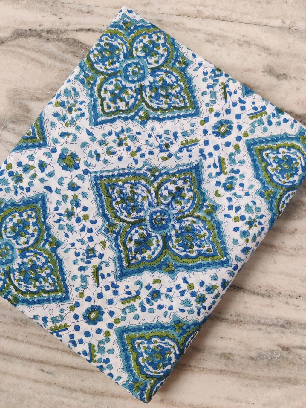 Blue Green Floral Tile Cotton Fabric by the Yard, White Base Block Print Fabric, Indian Cotton for Quilting, Dressmaking, Sewing & Crafts