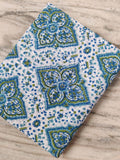 Blue Green Floral Tile Cotton Fabric by the Yard, White Base Block Print Fabric, Indian Cotton for Quilting, Dressmaking, Sewing & Crafts