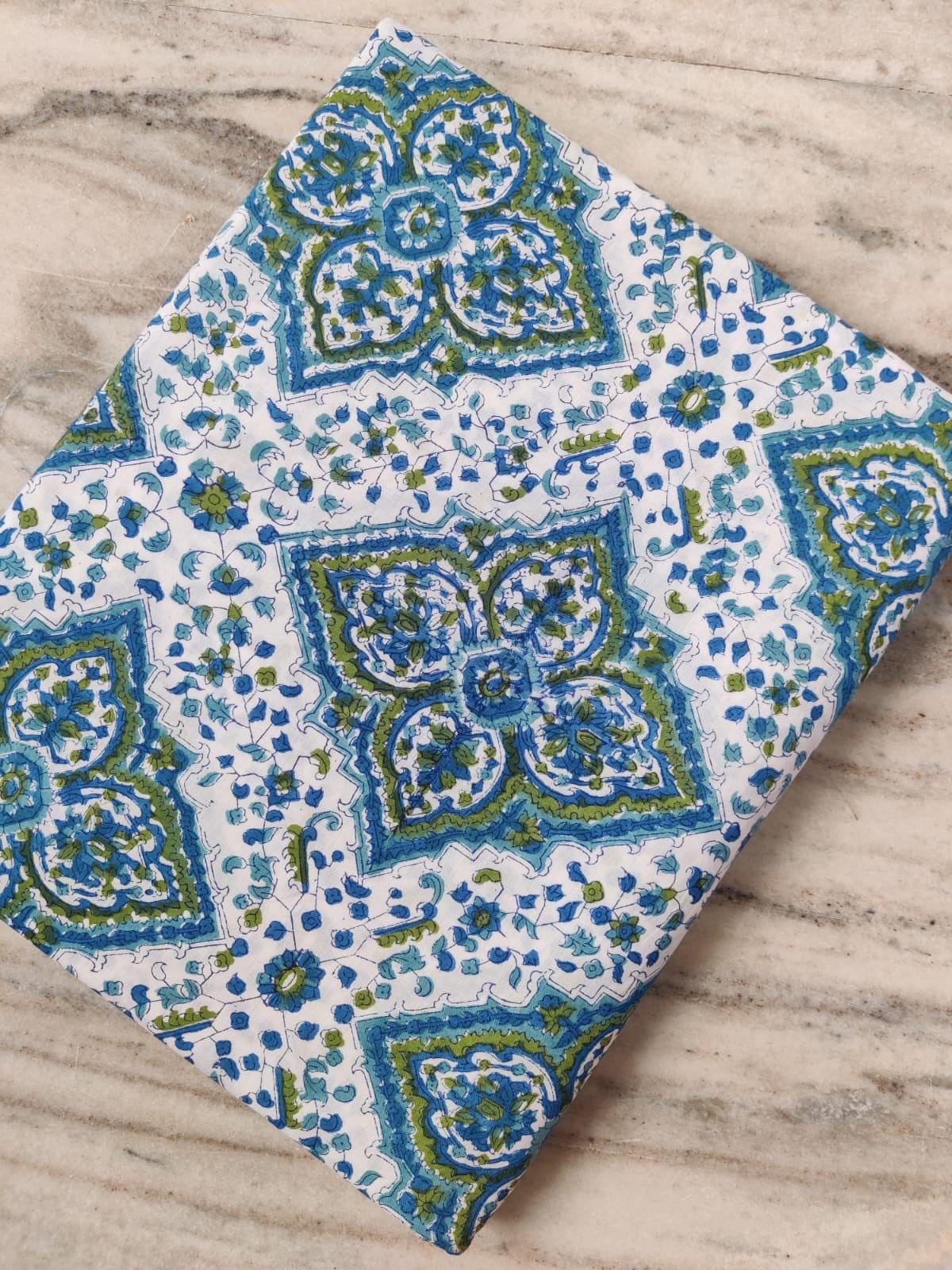 Blue Green Floral Tile Cotton Fabric by the Yard, White Base Block Print Fabric, Indian Cotton for Quilting, Dressmaking, Sewing & Crafts
