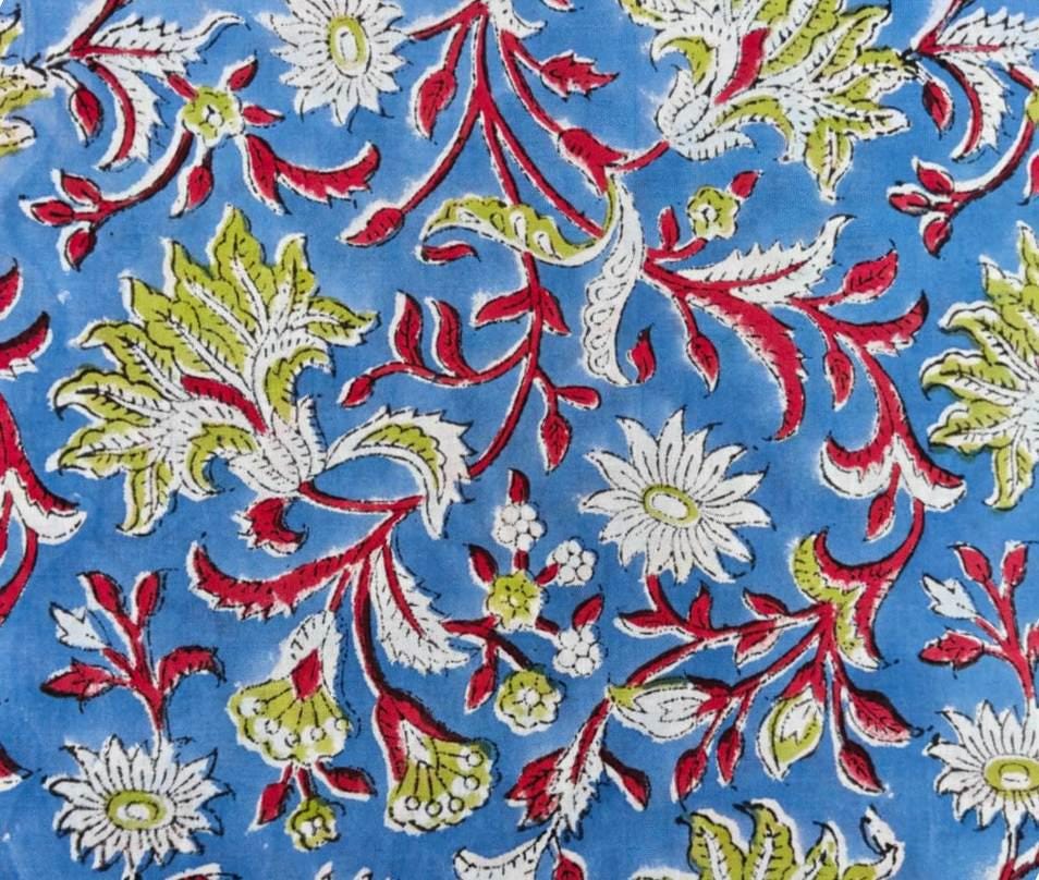 New Arrival Blue Floral Cotton Fabric, Hand Block Print Fabric, Indian Cotton Fabric by Yard, Vintage Floral Print, Dressmaking Fabric