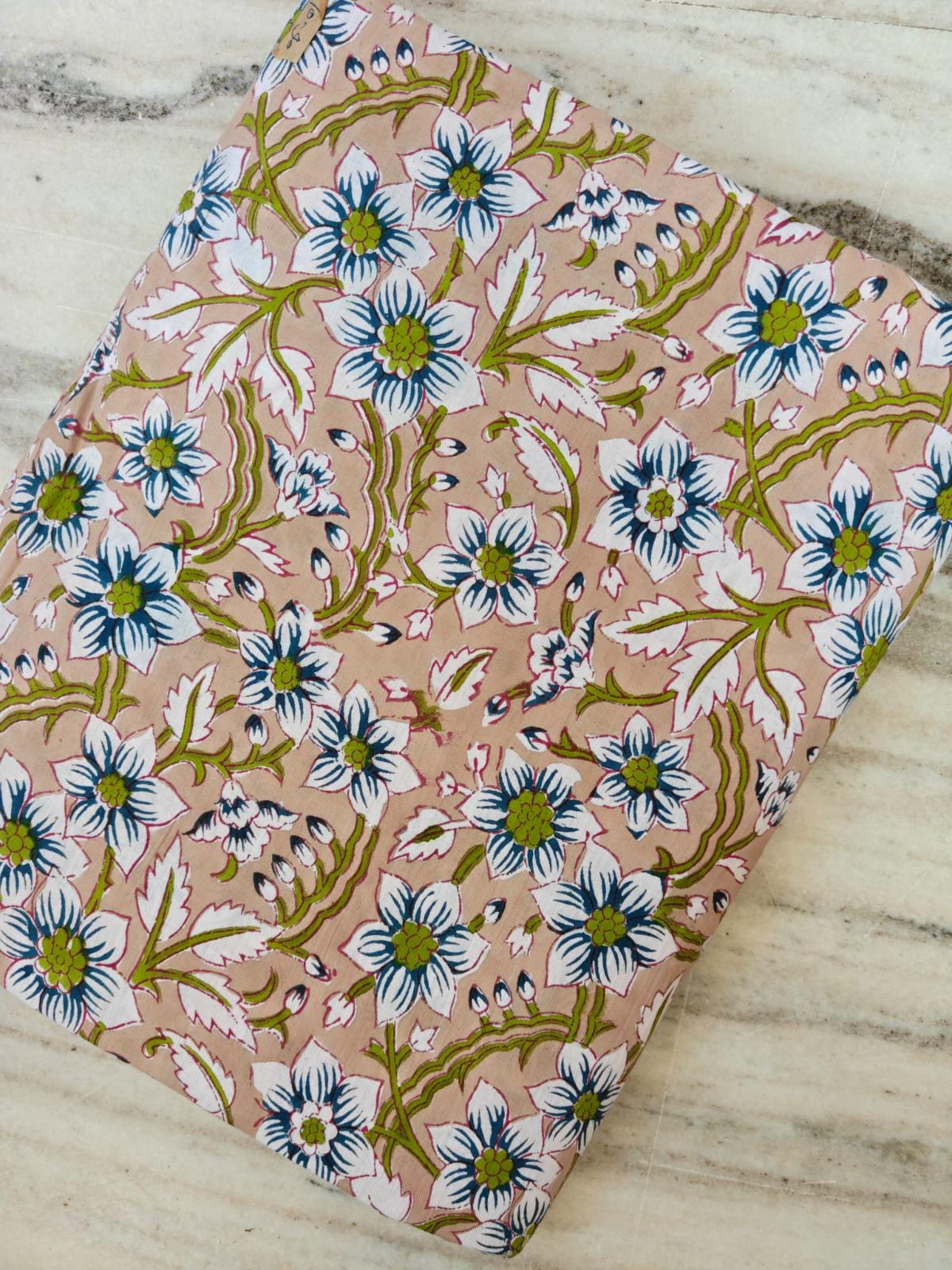 Pink Floral Cotton Fabric Hand Block Print Fabric Indian Cotton Textile Blue White Flower Fabric Botanical Vine Fabric Quilting Craft Fabric