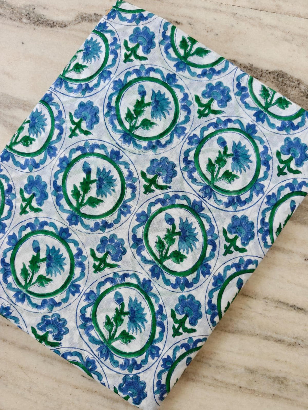 Blue Green Floral Cotton Fabric, Hand Block Print Fabric, Indian Cotton Textile, Vintage Style Flower Print, Quilting Sewing Craft Fabric