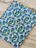 Blue Green Floral Cotton Fabric, Hand Block Print Fabric, Indian Cotton Textile, Vintage Style Flower Print, Quilting Sewing Craft Fabric