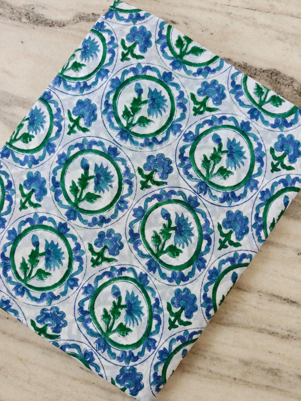 Blue Green Floral Cotton Fabric, Hand Block Print Fabric, Indian Cotton Textile, Vintage Style Flower Print, Quilting Sewing Craft Fabric