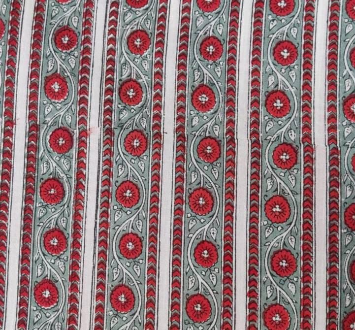Red Green Striped Cotton Fabric, Hand Block Print Floral Fabric by the Yard, Quilting & Dressmaking Fabric, Christmas Home Decor Fabric