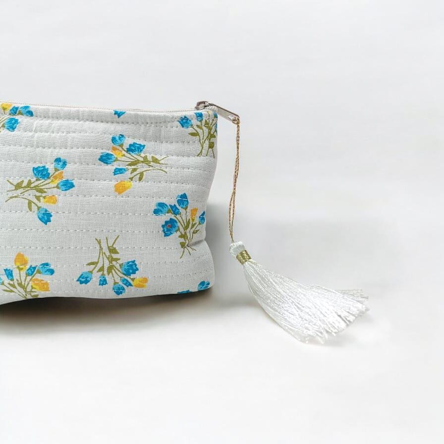 Multi Color Botanical Quilted Zipper Pouch – Small Travel Bag with Tassel | Gift for Her | Handmade Gift | Quilted Pouch With Tassel