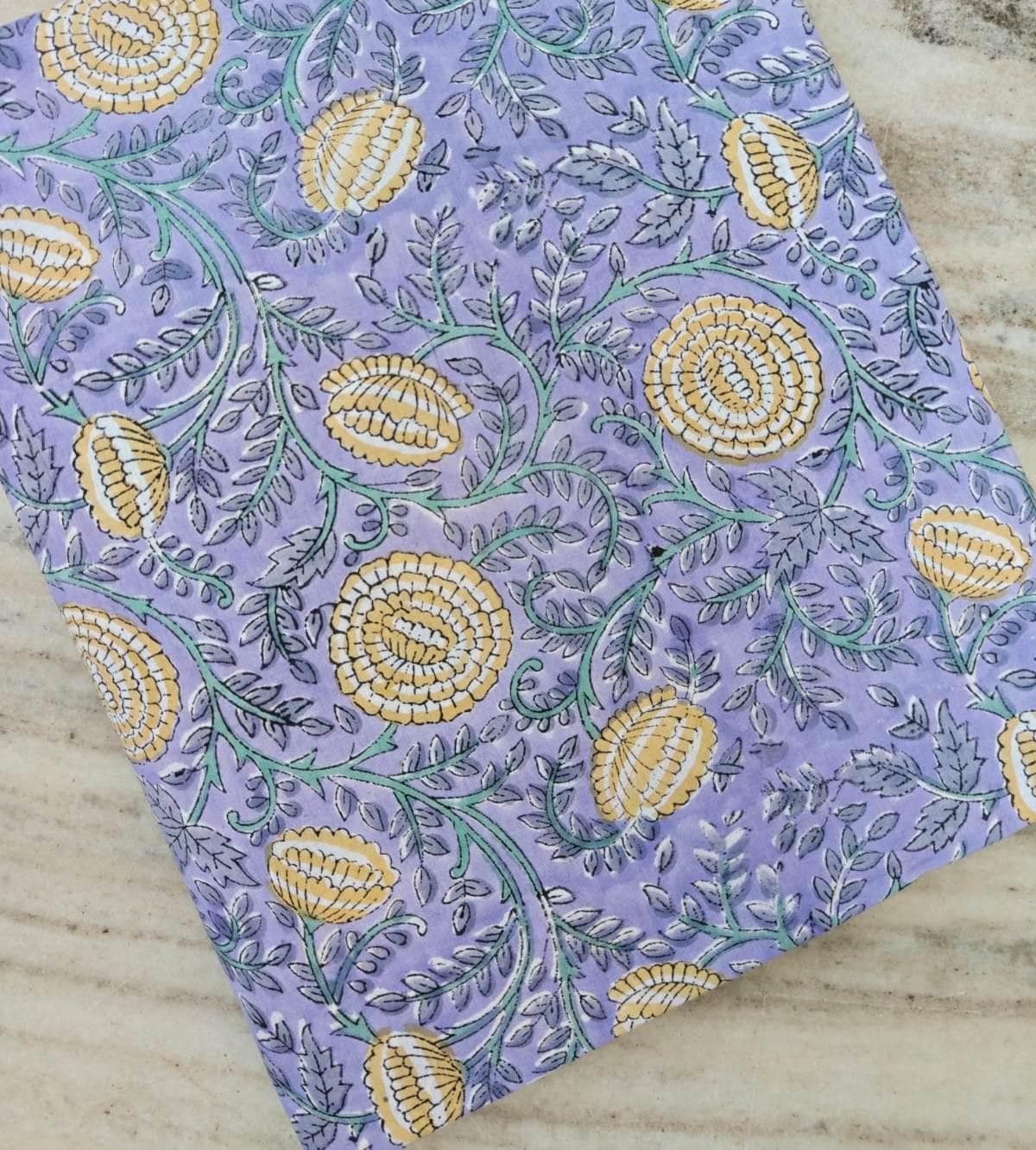 Lavender Floral Cotton Fabric, Yellow Hand Block Print Fabric, Indian Cotton Textile, Soft Floral Yardage, Dressmaking Quilting Craft Fabric