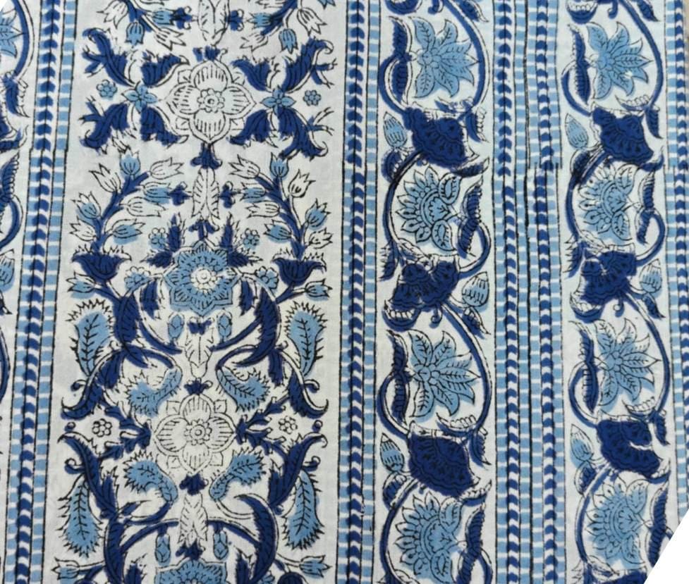 Blue Floral Cotton Fabric, Indian Block Print Fabric, Blue White Floral Fabric, Striped Border Cotton Fabric, Quilting Fabric, Boho Textile