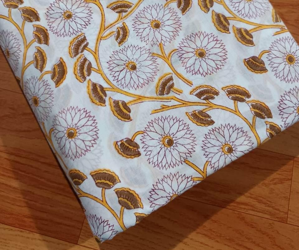 Mustard Floral Cotton Fabric by the Yard | Hand Block Print Fabric | Indian Soft Cotton Material for Sewing, Quilting, Dressmaking & Crafts