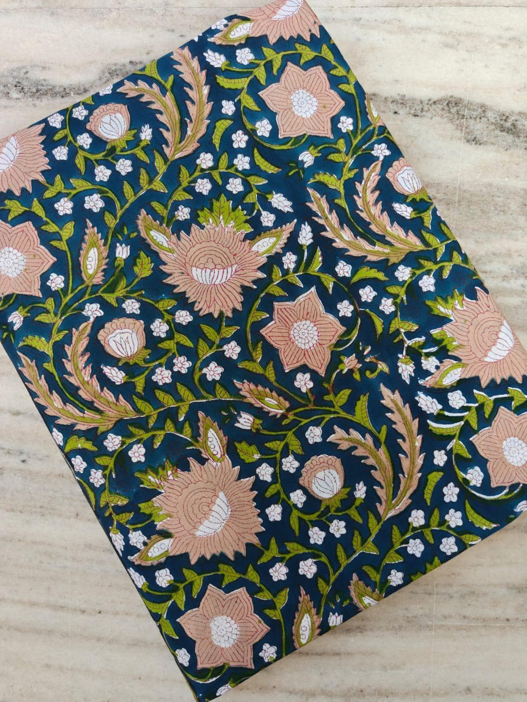 Navy Blue Floral Cotton Fabric, Traditional Indian Block Print Fabric by the Yard, Peach Flower Vine Print, Quilting Sewing Fabric, Napkins