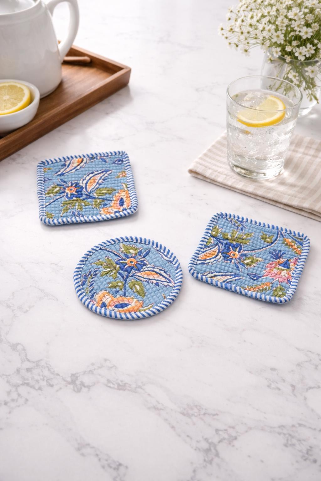 Floral Cotton Tea Coaster Set, Hand Block Print Blue Coasters, Quilted Fabric Drink Coasters, Reusable Table Decor, Housewarming Gift