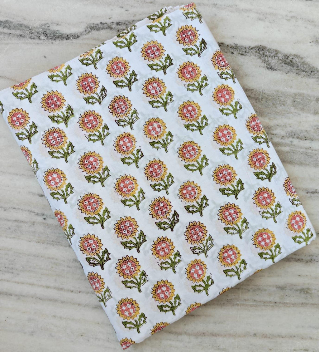 White Sunflower Cotton Fabric, Indian Block Print Floral Fabric, Yellow Pink Flower Cotton Fabric by Yard Quilting Sewing Dressmaking Fabric