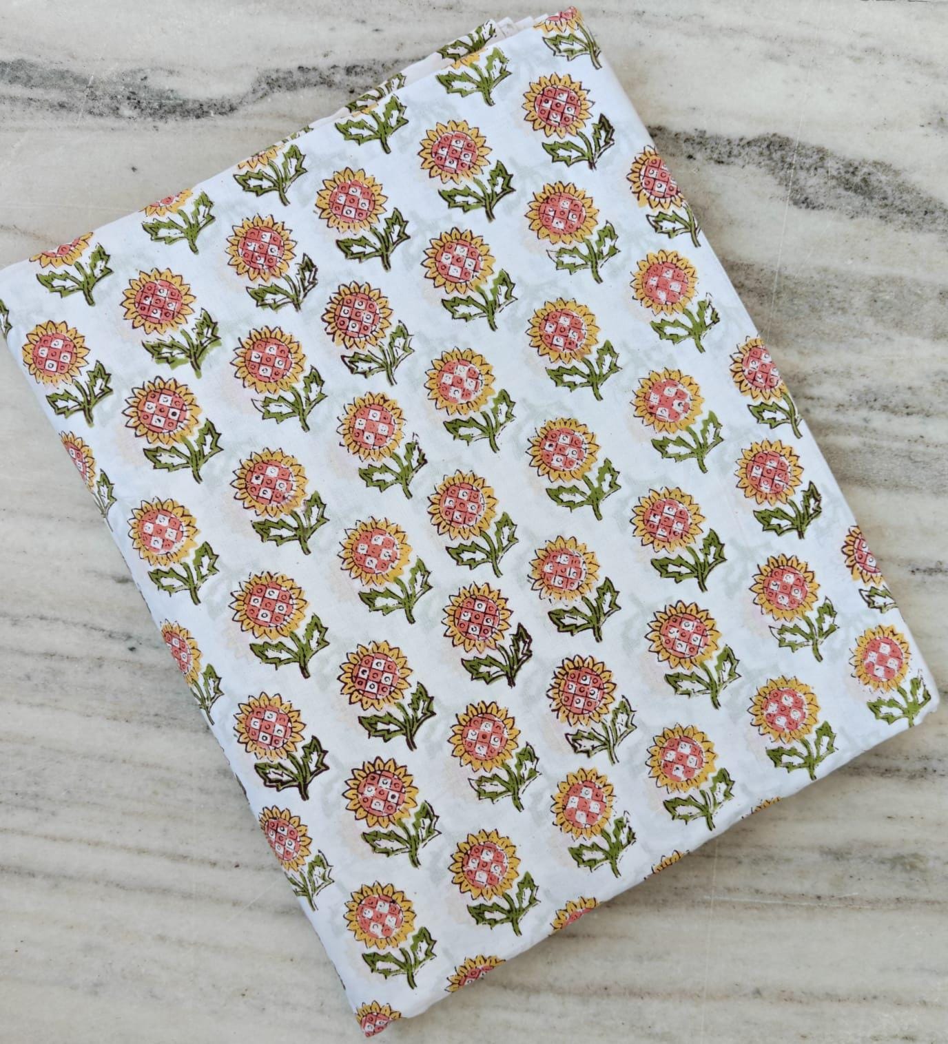 White Sunflower Cotton Fabric, Indian Block Print Floral Fabric, Yellow Pink Flower Cotton Fabric by Yard Quilting Sewing Dressmaking Fabric