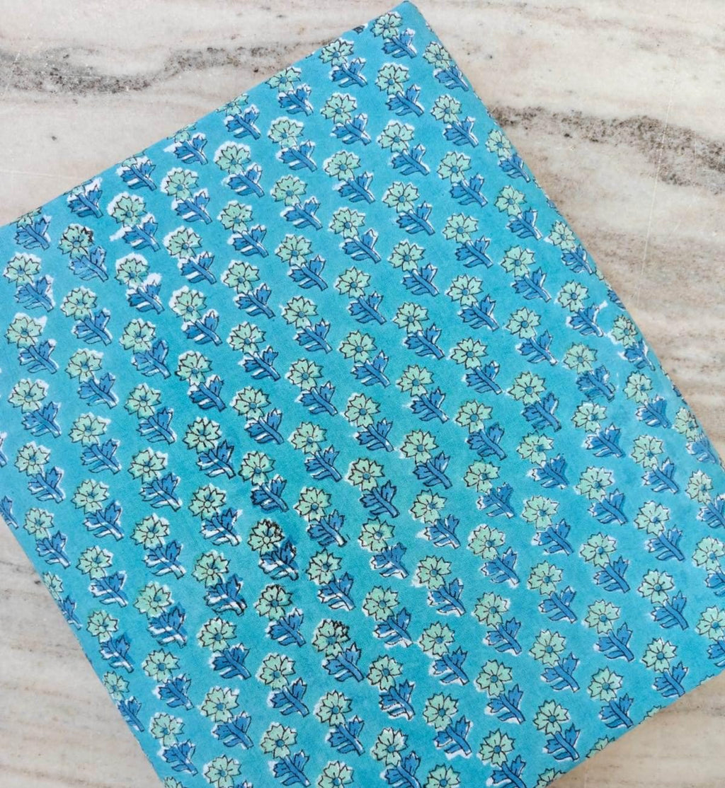 Turquoise Floral Cotton Fabric, Hand Block Print Fabric, Blue Flower Indian Cotton, Craft Sewing, Quilting Fabric, Soft Lightweight Textile