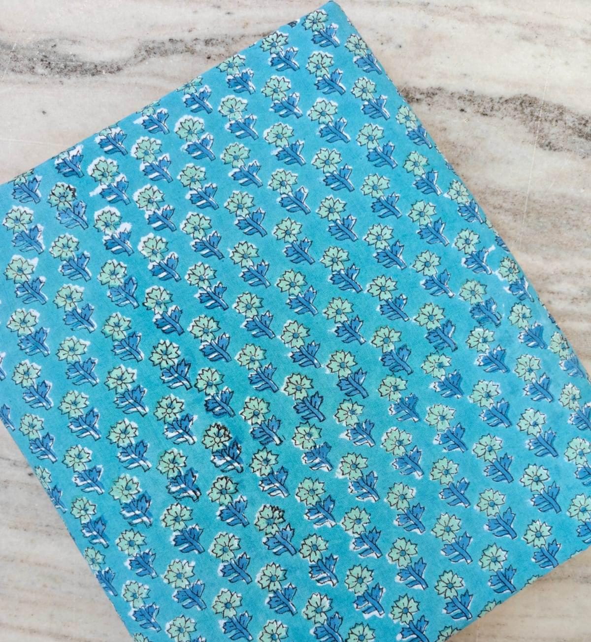 Turquoise Floral Cotton Fabric, Hand Block Print Fabric, Blue Flower Indian Cotton, Craft Sewing, Quilting Fabric, Soft Lightweight Textile