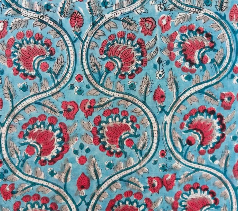 Turquoise Floral Cotton Fabric, Indian Block Print Fabric, Pink Flower Print Cotton, Hand Block Floral Fabric, Sewing Dress Making Fabric