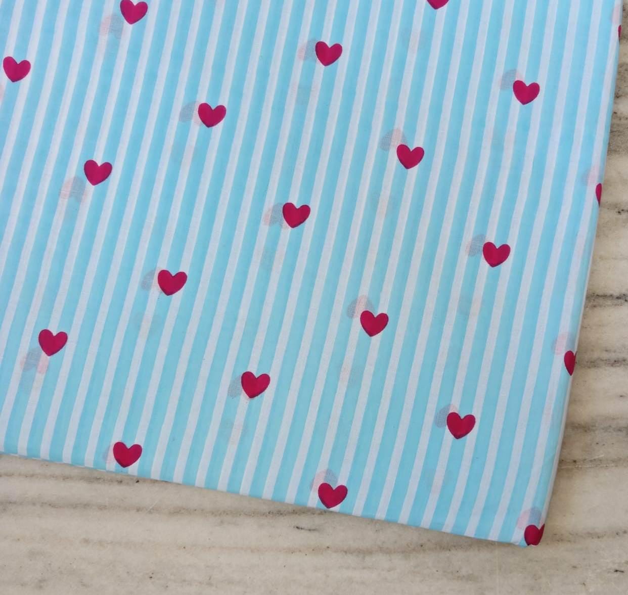 Blue Striped Cotton Fabric with Pink Hearts, Cute Heart Print Fabric, Valentine Fabric by Yard, Kids Craft Fabric, Quilting Sewing. Napkins