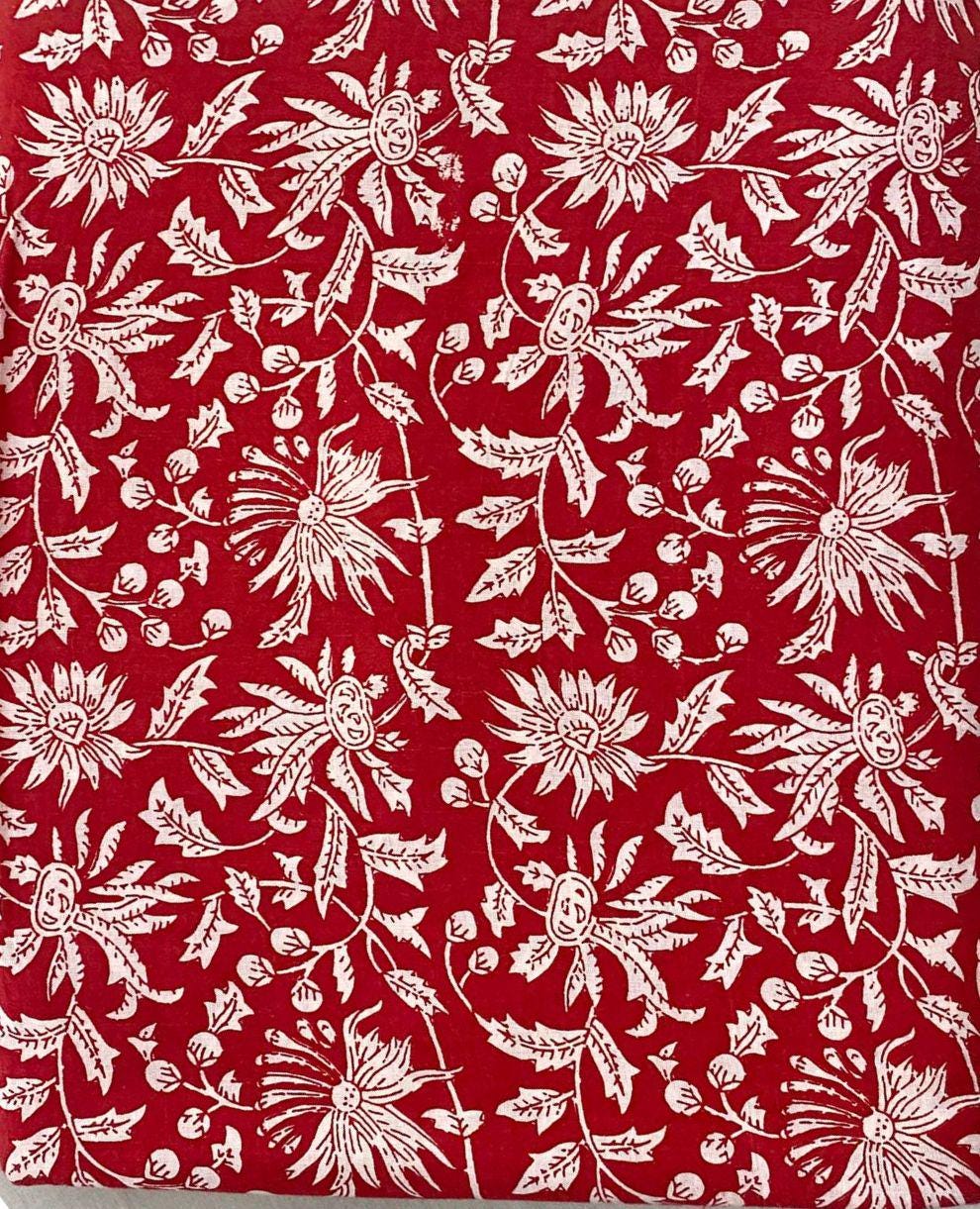 Red Beautiful Designer Hand Block Print Fabric, 100% Cotton Quilting Fabric By The Yard, Dressmaking Fabric, Loose Running Fabric