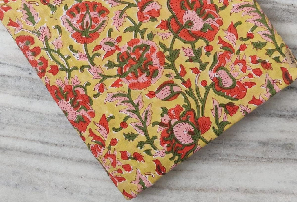Yellow Green Floral Cotton Fabric, Floral 100% Cotton Quilting Fabric By The Yard, Handmade Fabric, Loose Running Fabric, Textile Fabric