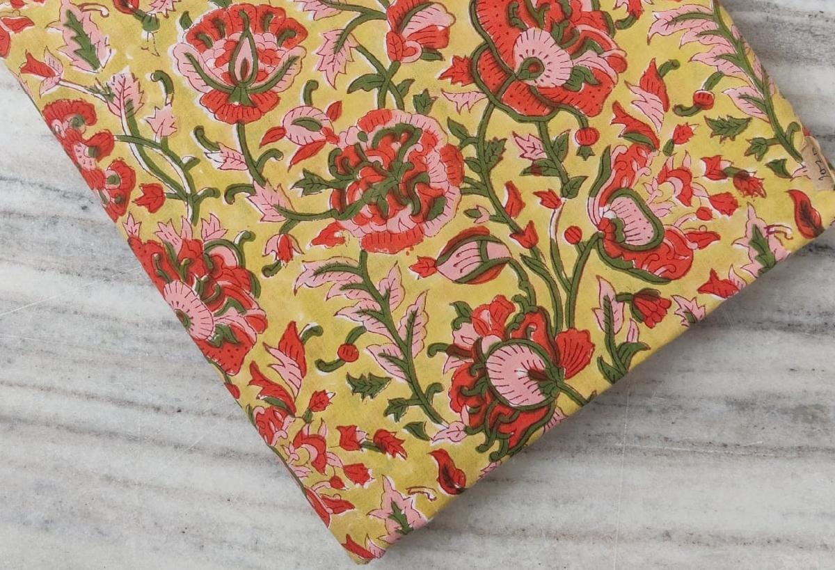 Yellow Green Floral Cotton Fabric, Floral 100% Cotton Quilting Fabric By The Yard, Handmade Fabric, Loose Running Fabric, Textile Fabric