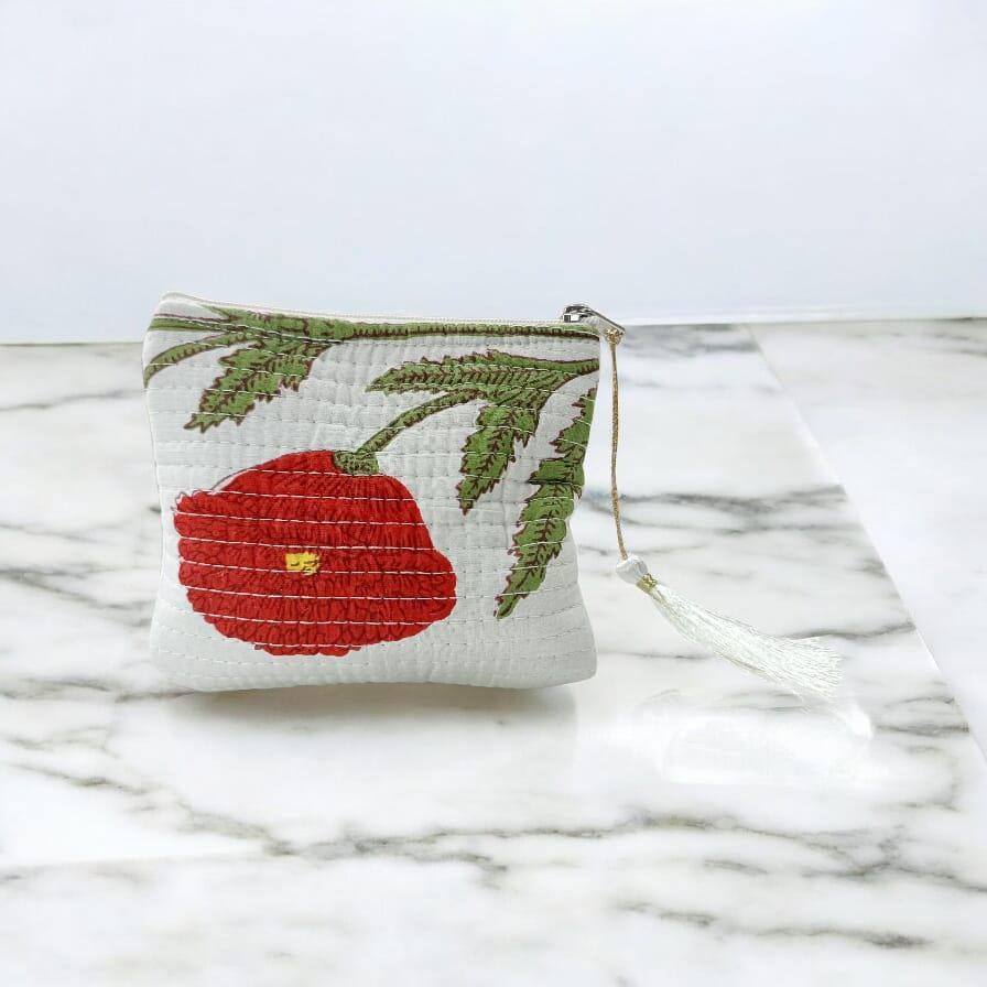 Red Flower Embroidered Pouch – Handmade Quilted Makeup Bag | Block Print Zipper Pouch | Boho Zipper Pouch with Tassel Pull | Gift For Her