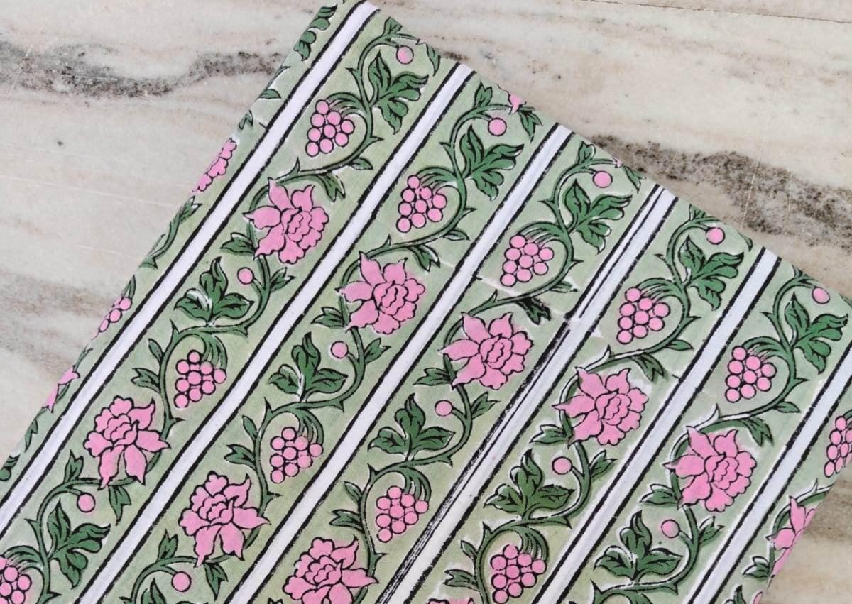 Green and Pink Indian Hand Block Print Fabric, Floral 100% Cotton Quilting Fabric By The Yard, Fabric For Dress Making, Loose Running Fabric