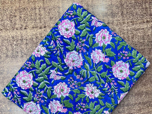 Blue Floral Cotton Fabric by the Yard Hand Block Print Indian Cotton Fabric Rose Flower Quilting Fabric Sewing Dressmaking Home Decor Fabric