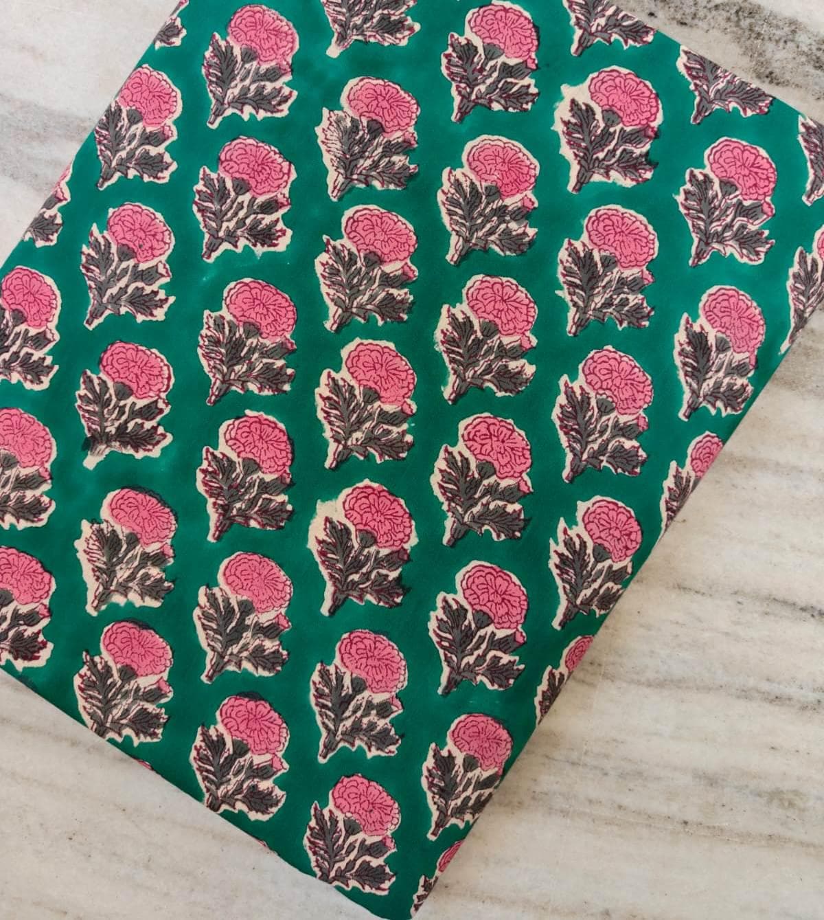 Green Floral Cotton Fabric, Pink Hand Block Print Indian Fabric, Botanical Cotton Textile, Soft Cotton Yardage, Dressmaking Craft Fabric