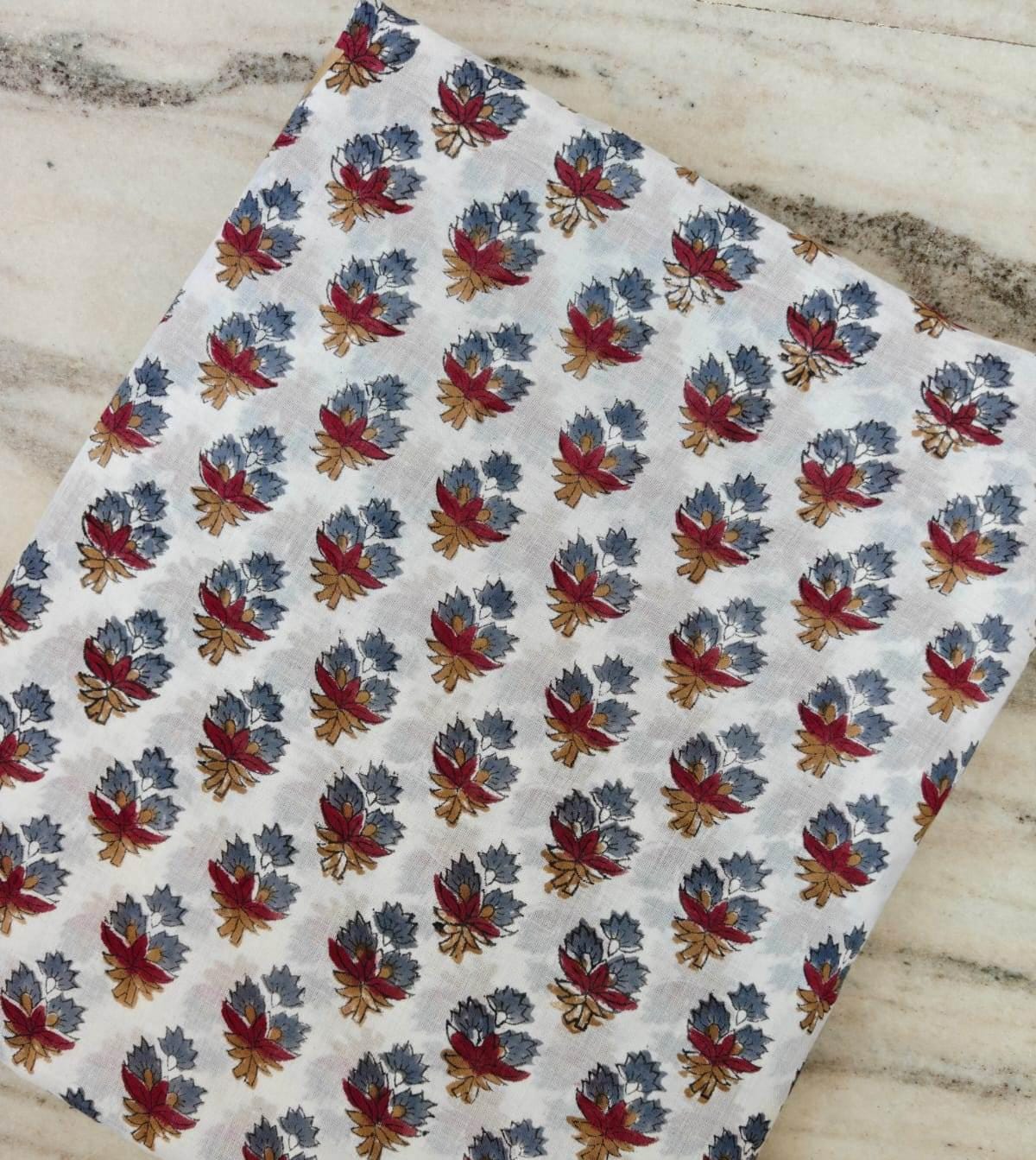 Hand Block Print Cotton Fabric, Red & Blue Floral Buti on White, Lightweight Indian Cotton for Dressmaking, Quilting Sewing Projects