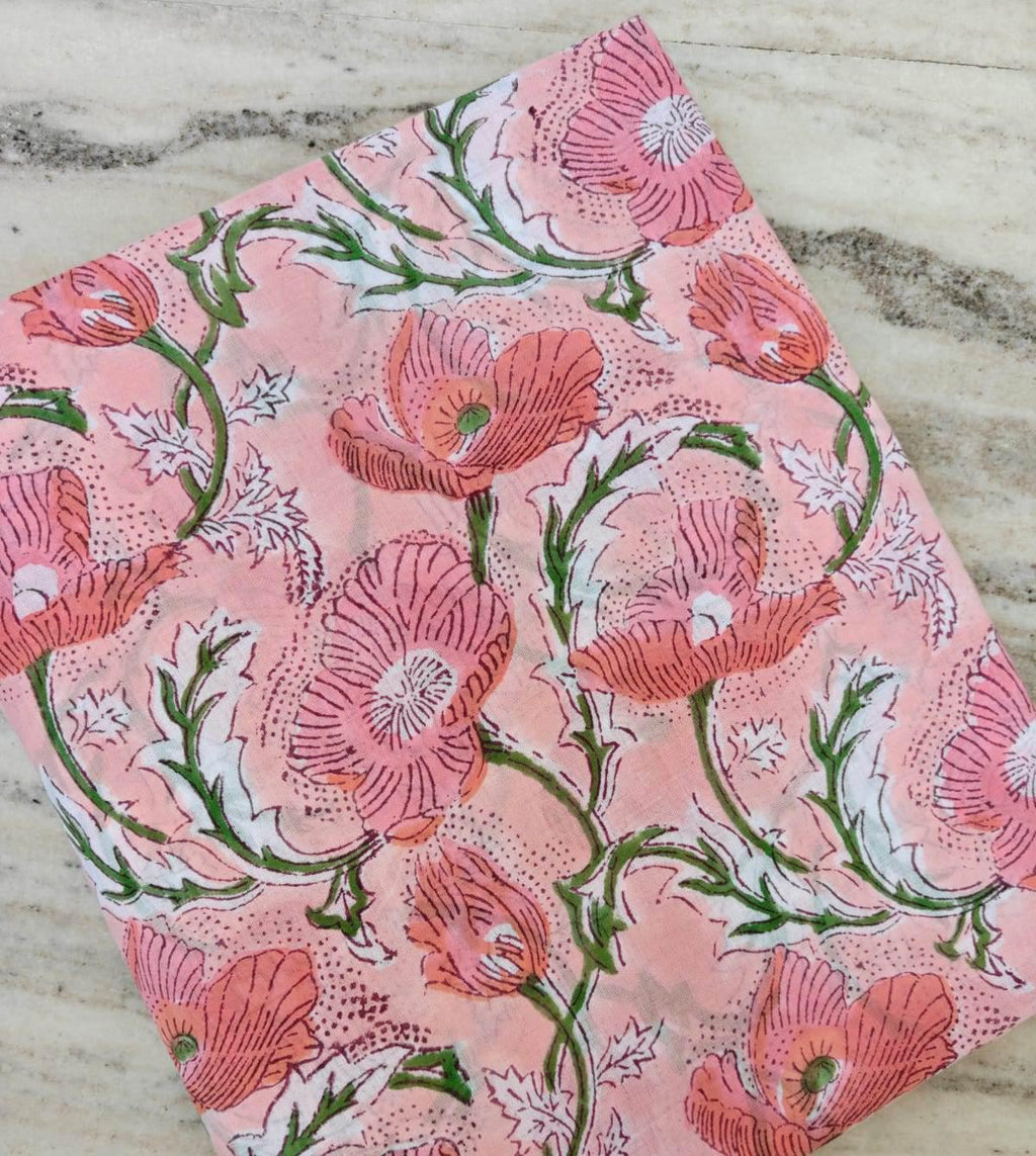 Pink Poppy Floral Cotton Fabric, Handblock Style Flower Print, Botanical Cotton Fabric, Quilting Sewing Material, Dressmaking & Craft Fabric