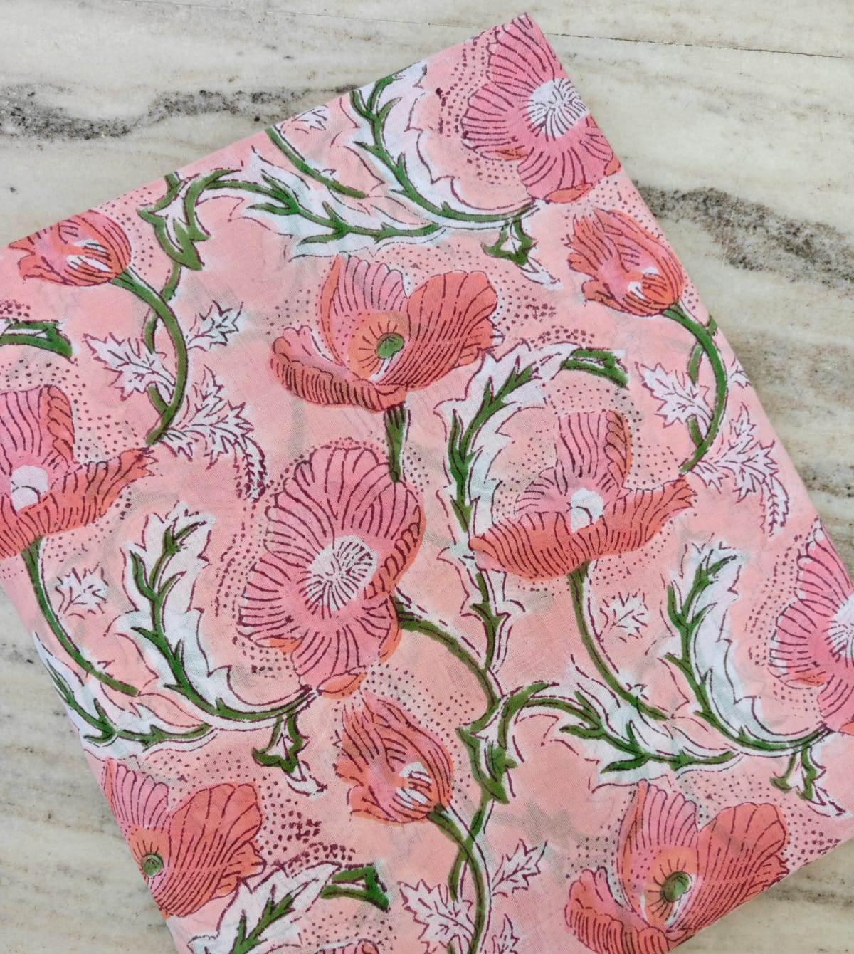 Pink Poppy Floral Cotton Fabric, Handblock Style Flower Print, Botanical Cotton Fabric, Quilting Sewing Material, Dressmaking & Craft Fabric