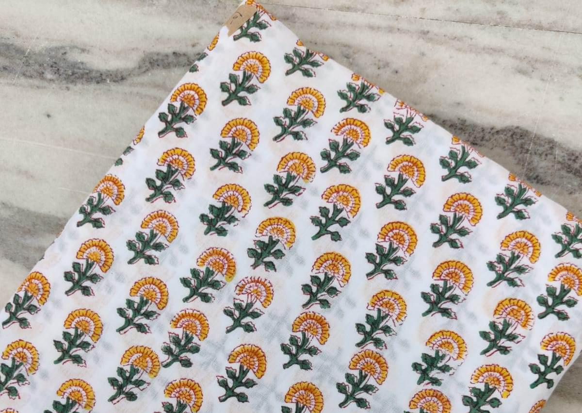 Yellow Floral Cotton Fabric by the Yard, White Block Print Fabric, Quilting, Sewing, Dressmaking, Craft Material, Loose Running Fabric