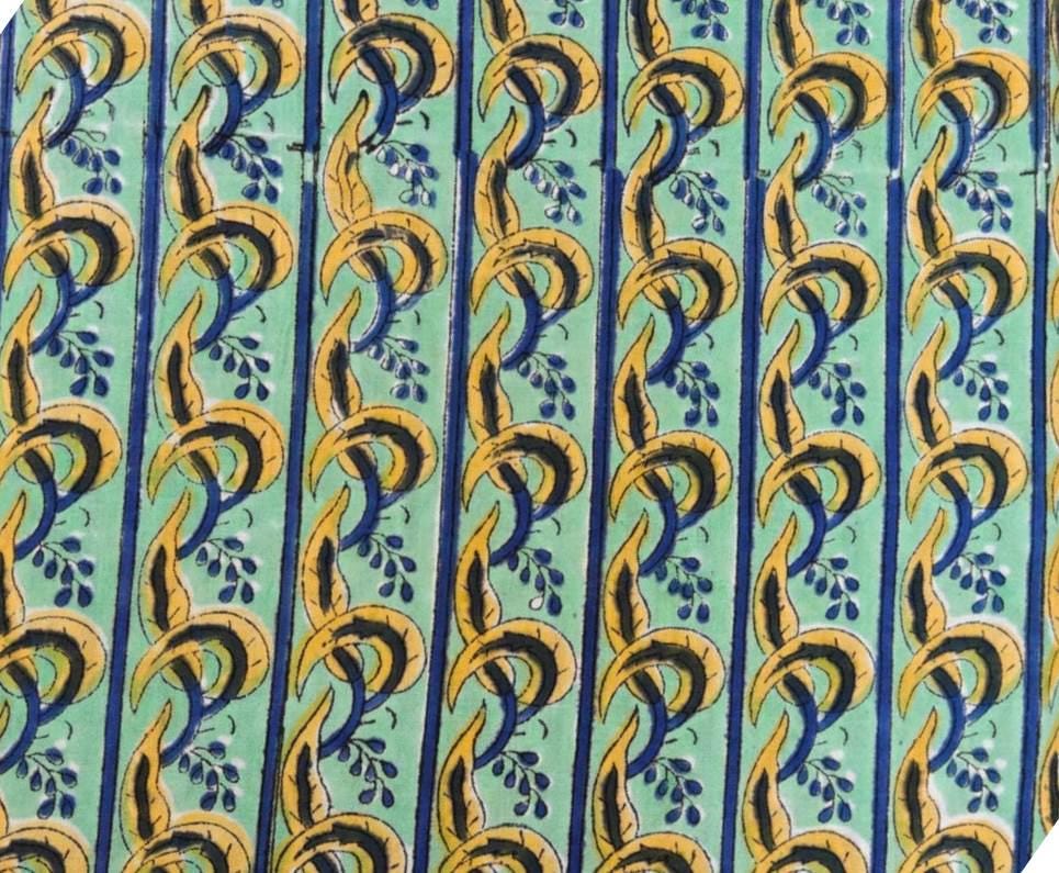 Mint Green & Mustard Block Print Cotton Fabric, Striped Boho Floral, Lightweight Dressmaking Fabric, Loose Running Fabric, Cotton Napkins