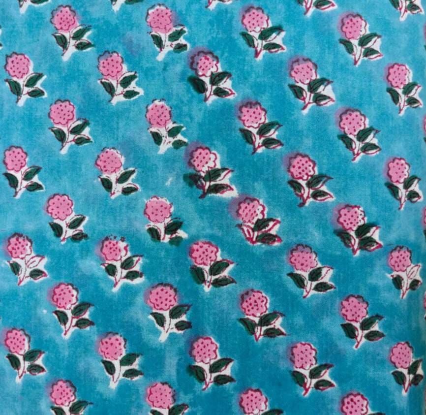 Blue Floral Cotton Fabric, Indian Block Print Fabric, Small Buti Print Cotton, Soft Lightweight Dressmaking Fabric, Quilting Craft Textile