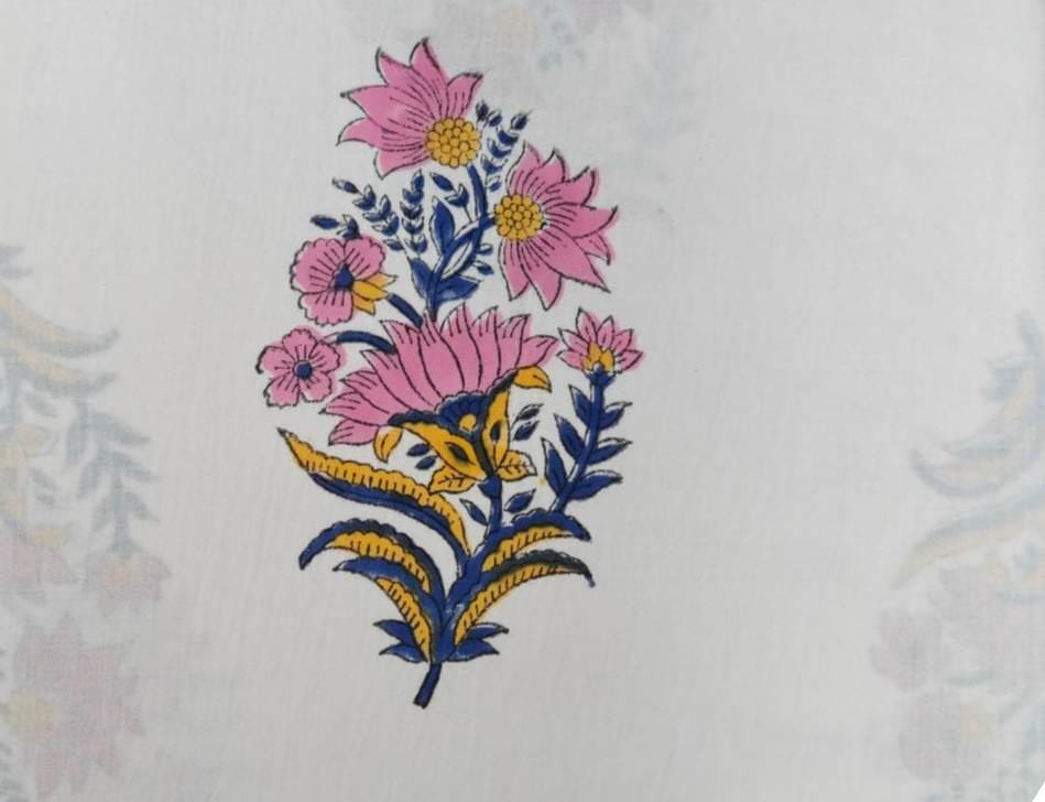 Pink Blue Floral Cotton Fabric by the Yard, White Botanical Print Fabric, Indian Block Print Style Fabric for Quilting & Dressmaking, Napkin