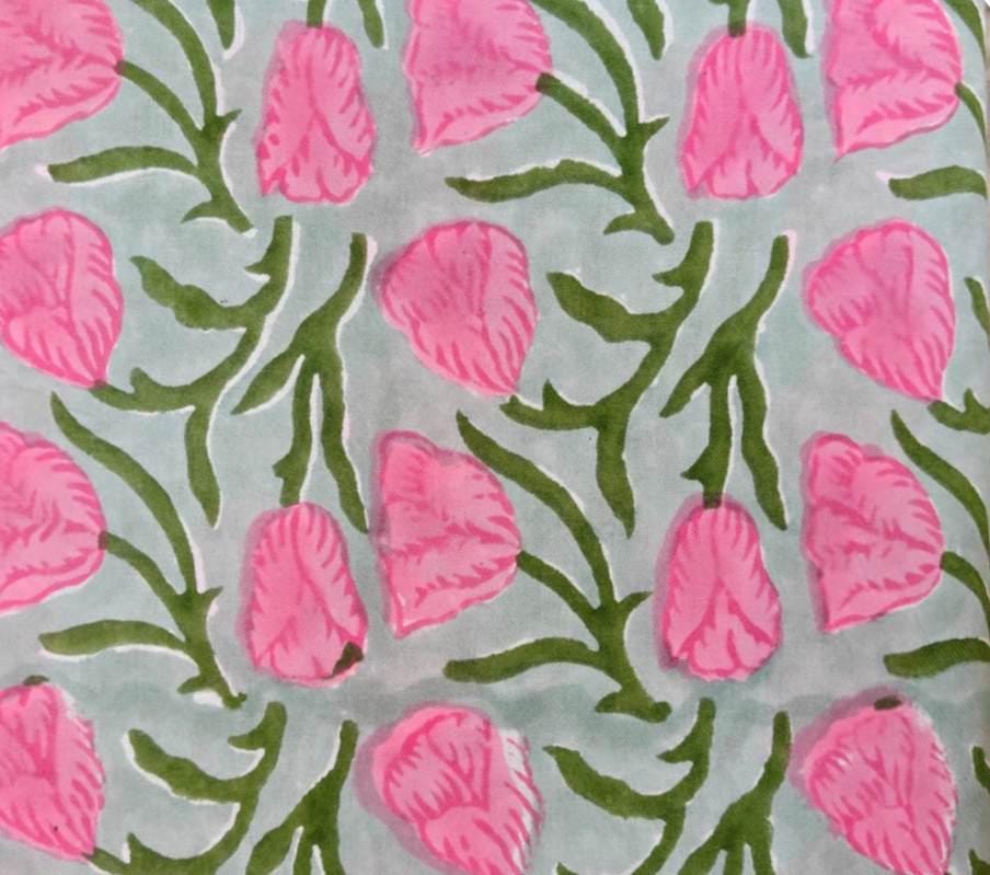 Pink Tulip Cotton Fabric, Floral Block Print Fabric, Grey Base Cotton Fabric by Yard, Indian Hand Block Print, Dressmaking Sewing Fabric