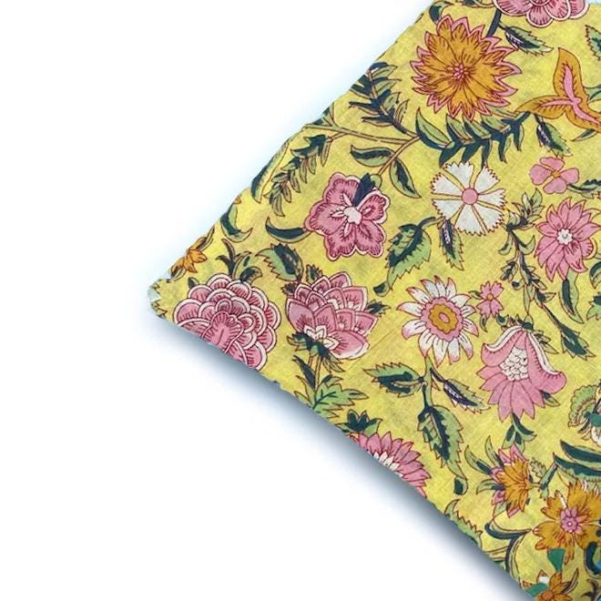 Yellow Floral Cotton Cushion Cover | Hand Block Print Pillow Cover | Pink Flower Throw Pillow | Boho Decorative Cushion | Indian Home Decor