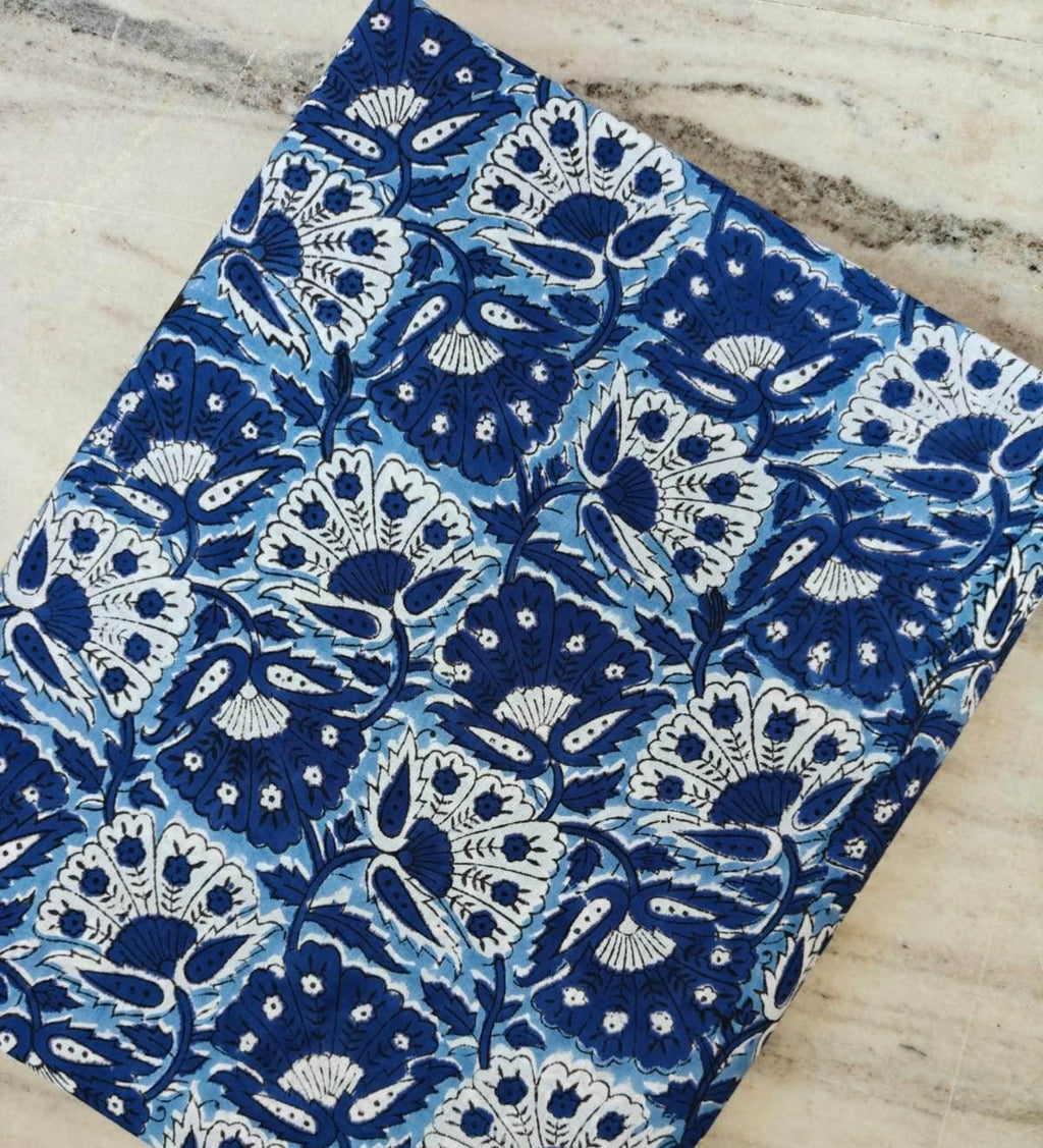 Indigo Blue Floral Block Print Cotton Fabric, Indian Handmade Cotton for Dresses, Quilting, Craft Sewing Fabric by Yard Loose Running Fabric