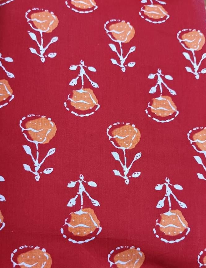 Red Color Indian Hand Block Print Fabric, Floral 100% Cotton Quilting Fabric By The Yard, Dressmaking Fabric, Loose Running Fabric, Gifts