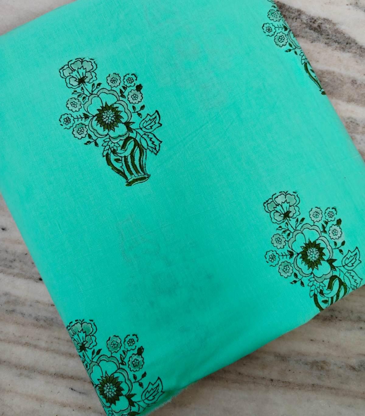 Hand Block Printed Cotton Fabric, Turquoise Floral Bouquet Print, Indian Cotton Fabric, Soft Lightweight Fabric for Dressmaking Quilting