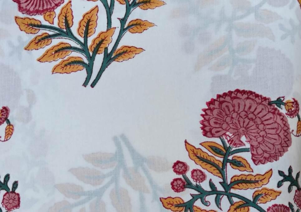 White Floral Cotton Fabric, Indian Block Print Fabric, Pink Yellow Botanical Fabric, Soft Mulmul Cotton, Lightweight Summer Dress Fabric