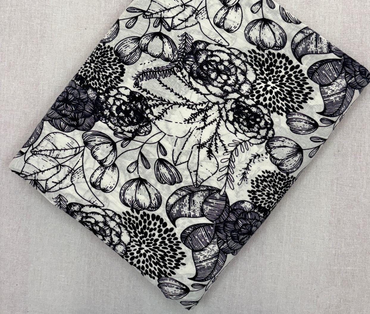 Black and White Floral Cotton Fabric, Botanical Hand Block Print Fabric, Indian Cotton Yardage, Floral Sewing Fabric, Craft Dressmaking